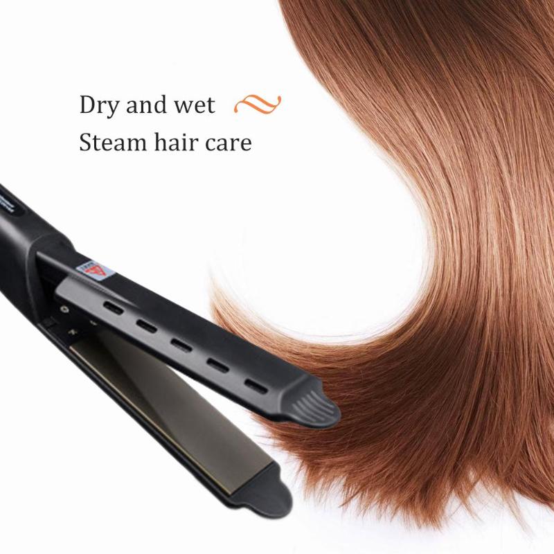 Black steam hair straightener device styling smooth brown straight hair on white background