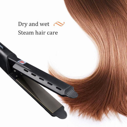 Black steam hair straightener device styling smooth brown straight hair on white background