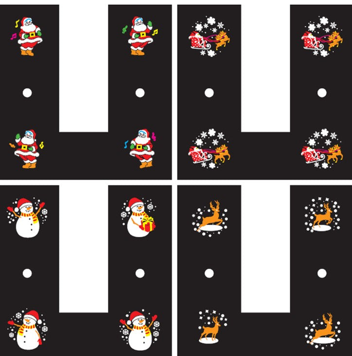 Four black LED projector slides with Christmas designs: Santa dancing, Santa sleigh with reindeer, snowman with gifts, and reindeer with snowflakes