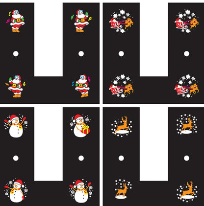 Four black LED projector slides with Christmas designs: Santa dancing, Santa sleigh with reindeer, snowman with gifts, and reindeer with snowflakes