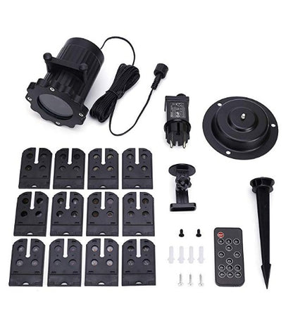 Outdoor LED laser projector light with 12 replaceable slide cards, remote, power adapter, and mounting accessories