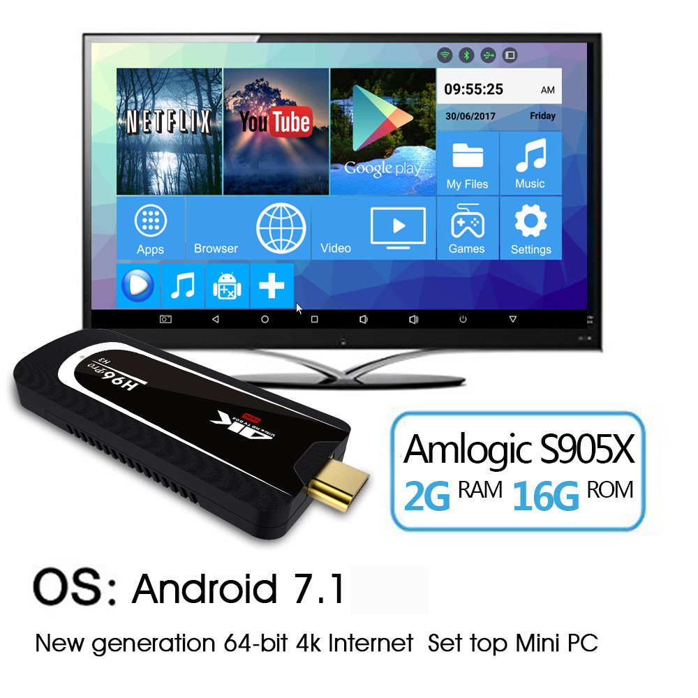 Amlogic S905X Android TV box with 2GB RAM and 16GB ROM connected to a TV displaying Netflix, YouTube, and Google Play apps