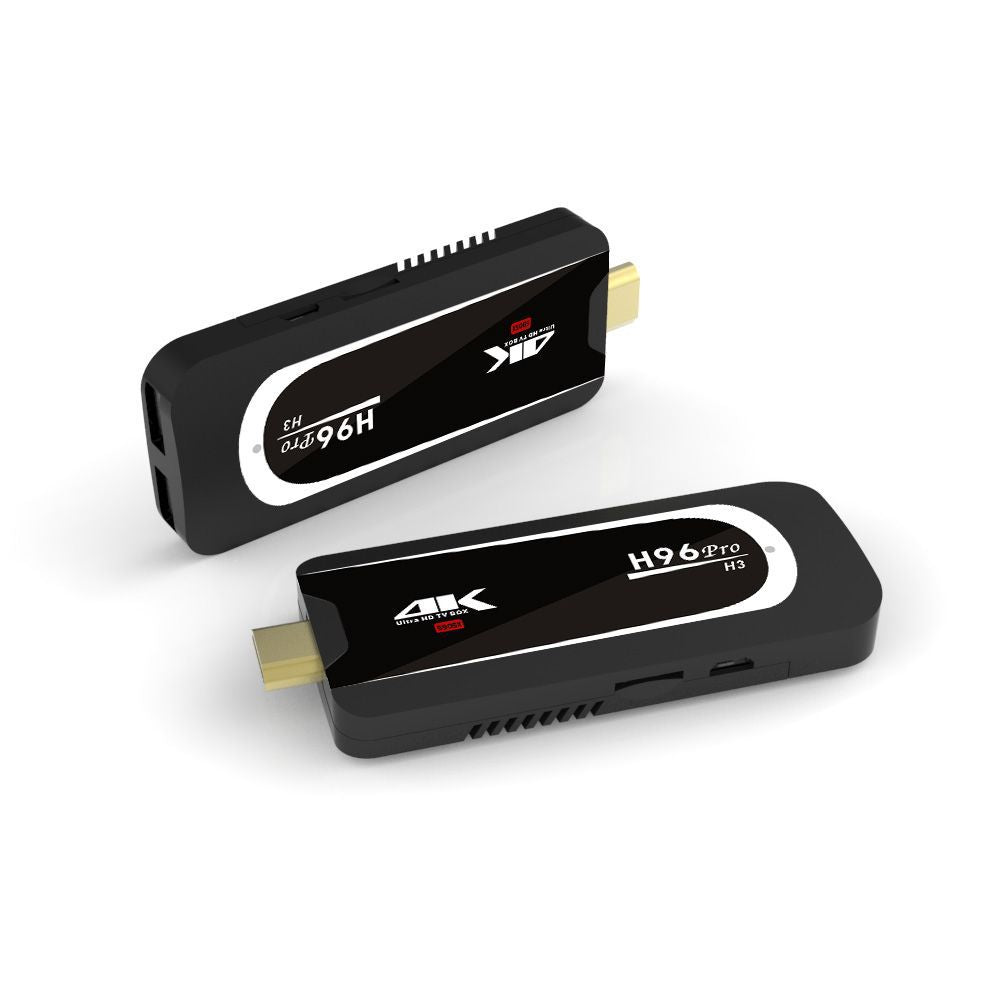 Two black H96 Pro H3 4K Android TV streaming boxes with HDMI connectors on white background