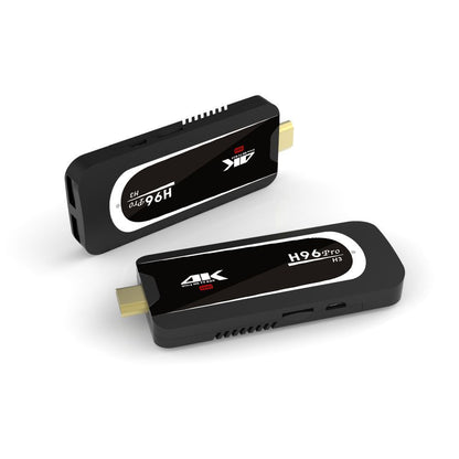 Two black H96 Pro H3 4K Android TV streaming boxes with HDMI connectors on white background