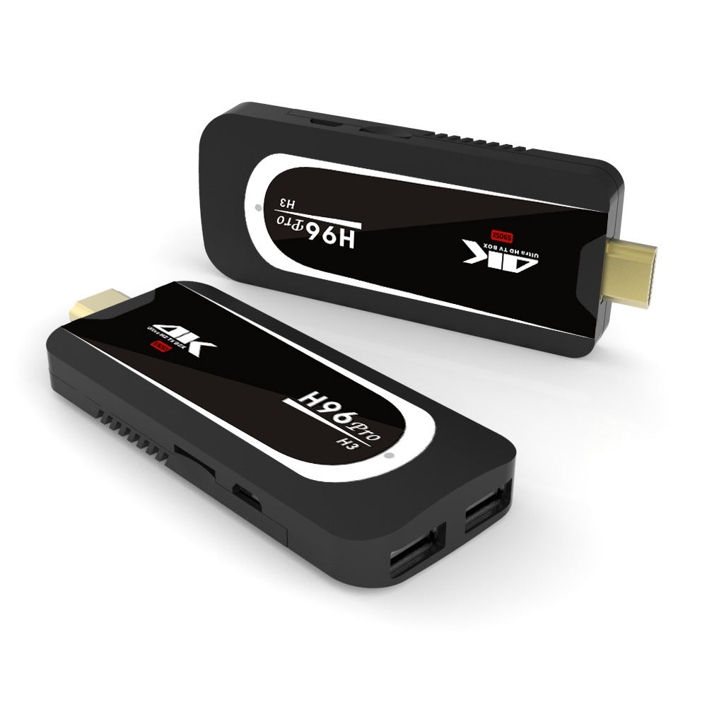 Two black H96 Pro H3 4K Ultra HD TV box streaming devices with HDMI connectors