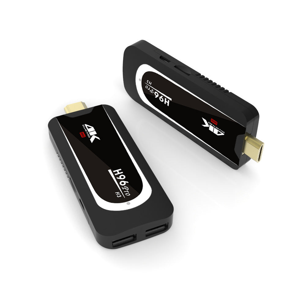 Two black H96 Pro H3 4K Ultra HD Android TV streaming sticks with HDMI connector