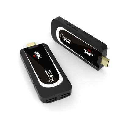 Two black H96 Pro H3 4K Ultra HD Android TV streaming sticks with HDMI connector