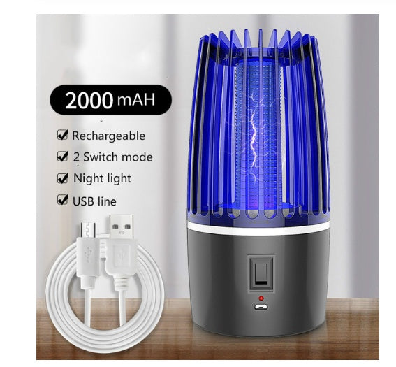 Rechargeable USB mosquito zapper lamp with night light and 2000mAh battery, includes USB cable