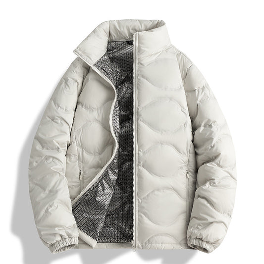 unisex white duck down puffer jacket with warm stand collar and patterned interior lining