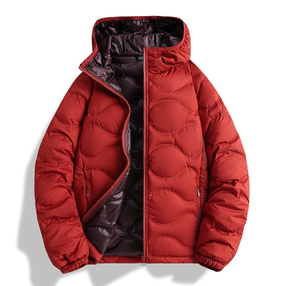 Unisex vermilion red puffer winter jacket with stand collar and white duck down filling