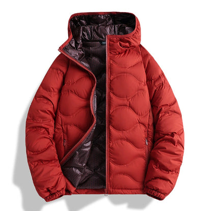 Unisex vermilion red puffer winter jacket with stand collar and white duck down filling