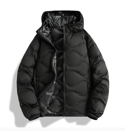 Black unisex puffer winter jacket with hood and front zipper, quilted design, insulated inside