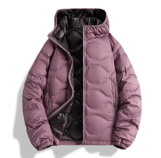 Unisex light purple padded winter jacket with a high collar and black inner lining