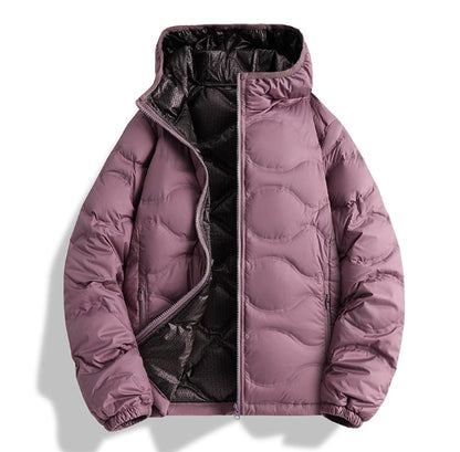 Unisex light purple padded winter jacket with a high collar and black inner lining