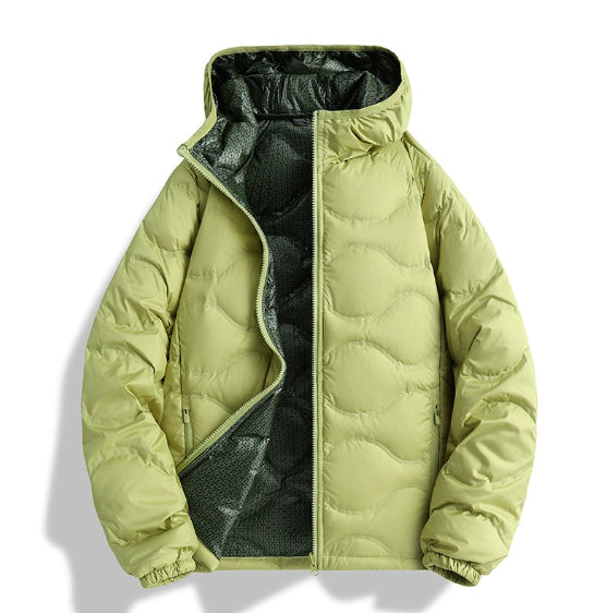 Light green unisex puffer jacket with hood and quilted design, open front showing dark interior lining