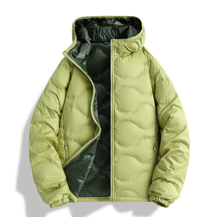 Light green unisex puffer jacket with hood and quilted design, open front showing dark interior lining