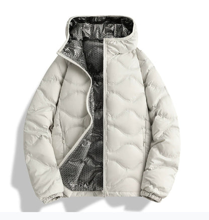 Unisex white duck down winter jacket with stand collar and patterned inner lining