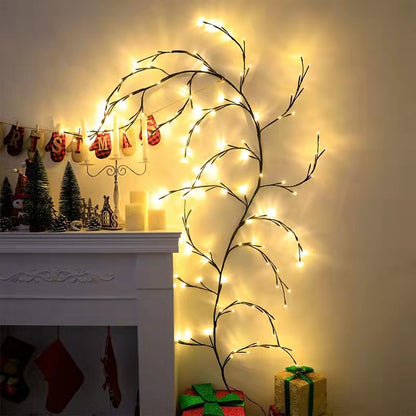 Warm white LED birch vine string lights decorating a cozy fireplace mantle with Christmas decor and wrapped gifts
