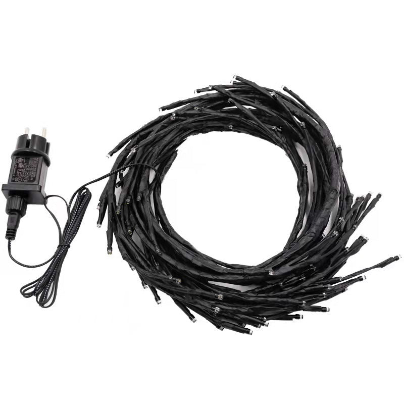 8ft black birch vine string lights with warm white LED bulbs and plug-in power adapter