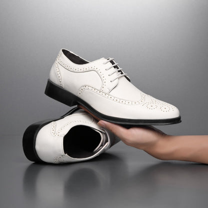 Men's white leather casual shoes with decorative perforations and black soles, one held in hand
