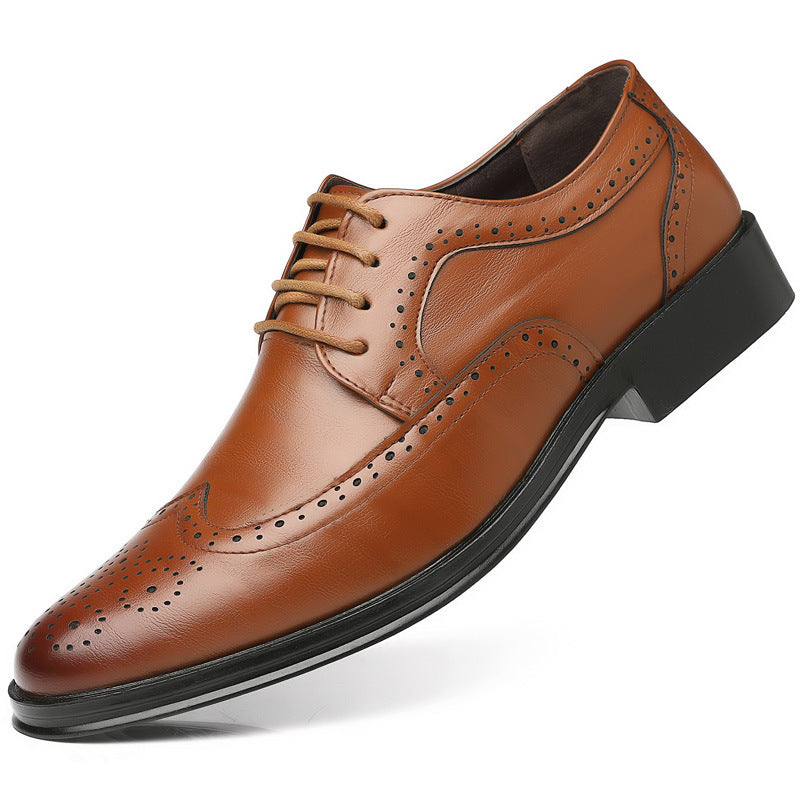 Brown men's casual leather wingtip shoe with perforated detailing and black durable rubber sole