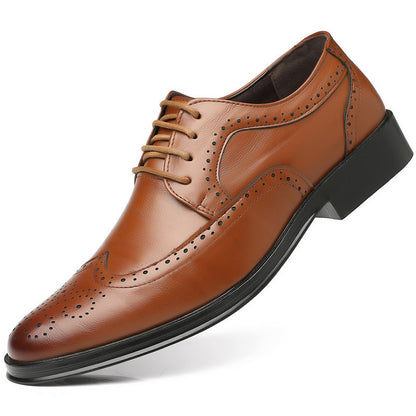 Brown men's casual leather wingtip shoe with perforated detailing and black durable rubber sole