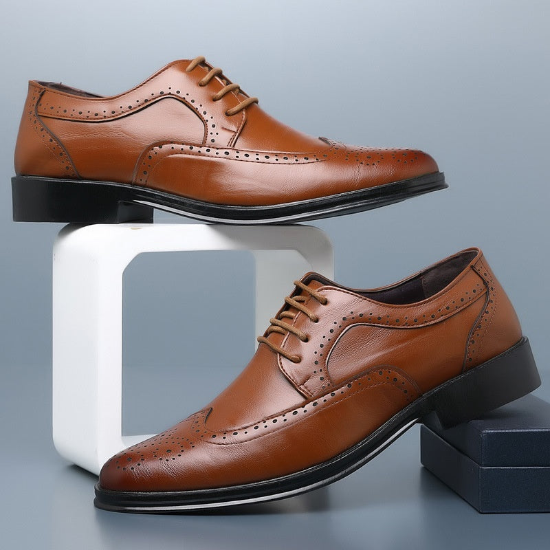 Men's brown leather brogue dress shoes with black soles, stylish low-top lace-up design