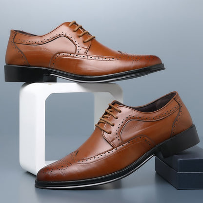 Men's brown leather brogue dress shoes with black soles, stylish low-top lace-up design