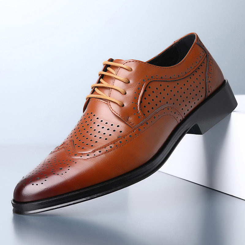 Brown men's casual leather dress shoe with perforated brogue design and black rubber sole