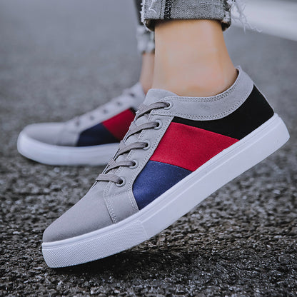 Men's casual canvas sneakers with grey, red, blue, and black panels on asphalt surface