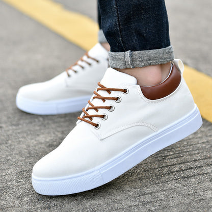 Men's white canvas high-top sneakers with brown accents and brown laces on asphalt