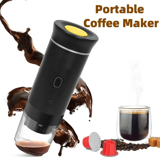 Black portable espresso maker with yellow button, coffee capsules, beans, steaming espresso cup