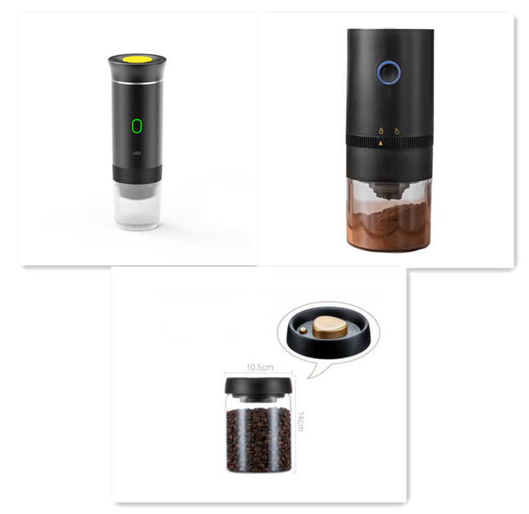 Portable black and white 3-in-1 travel espresso maker with grinder, coffee bean container, and USB-C charging
