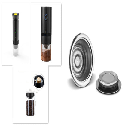 Portable black espresso maker and coffee grinder set with stainless steel parts and container with coffee beans