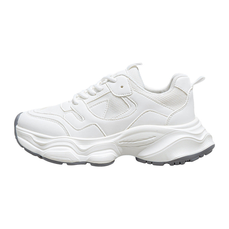White mesh breathable women's sneakers with lace-up design and chunky sole