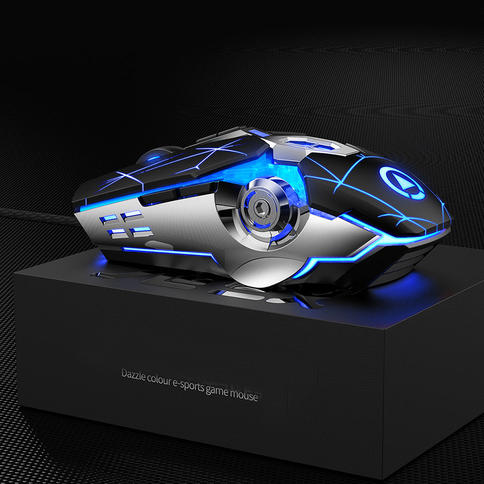 Black wired gaming mouse with blue LED lights and silver accents on black textured stand