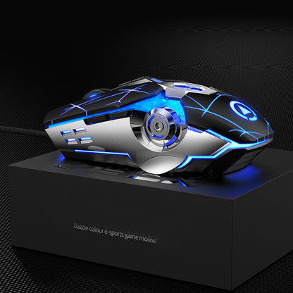 Black wired gaming mouse with blue LED lights and silver accents on black textured stand
