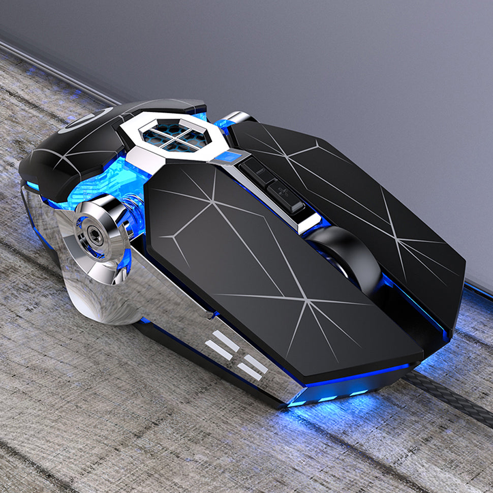 Sleek black wired gaming mouse with blue LED lights and 3200 DPI adjustable buttons on wooden surface