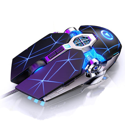 Futuristic wired gaming mouse with blue LED lighting, geometric patterns, and adjustable DPI settings