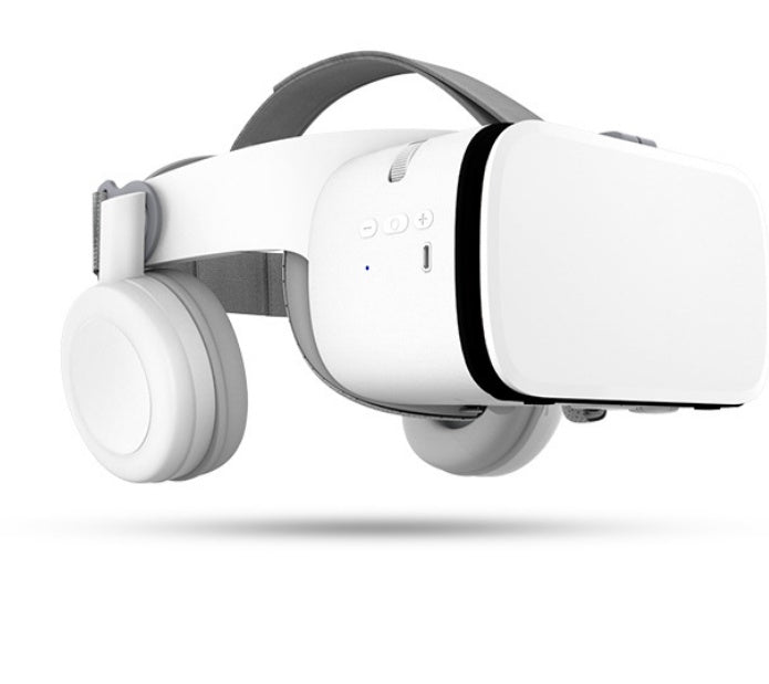 White wireless Bluetooth VR headset with built-in headphones and adjustable strap on white background