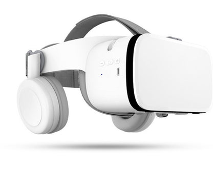White wireless Bluetooth VR headset with built-in headphones and adjustable strap on white background