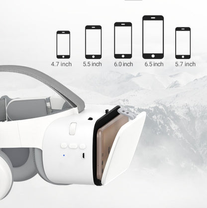 White wireless Bluetooth VR headset with adjustable strap and phone compatibility from 4.7 to 6.5 inches