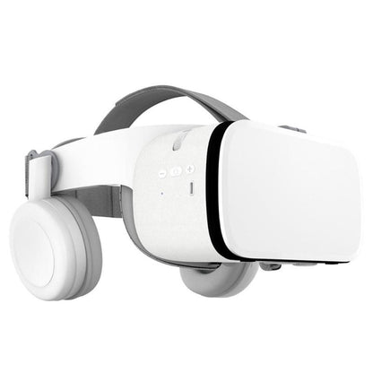 White wireless VR headset with integrated headphones and adjustable strap on white background