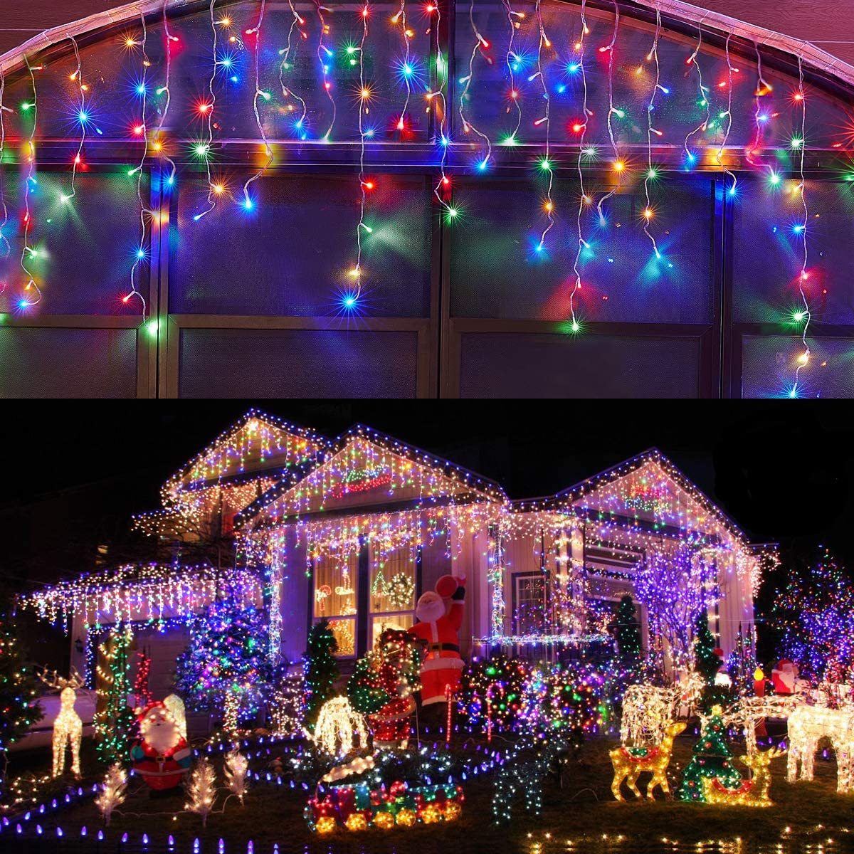 Multicolor LED icicle string lights decorating a home and yard with festive Christmas displays including Santa and reindeer