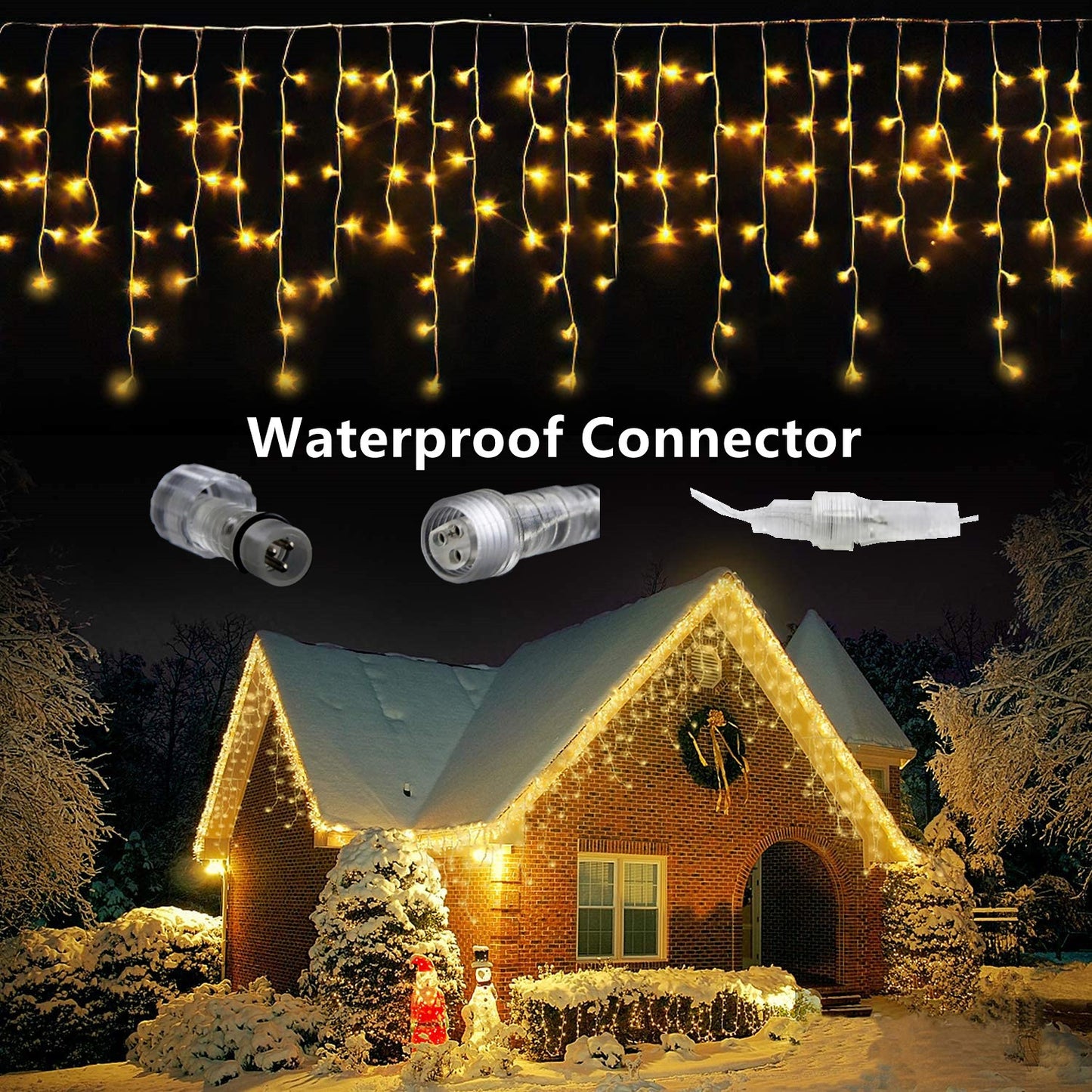 Warm white LED icicle Christmas lights with waterproof connectors decorating a snowy brick house exterior