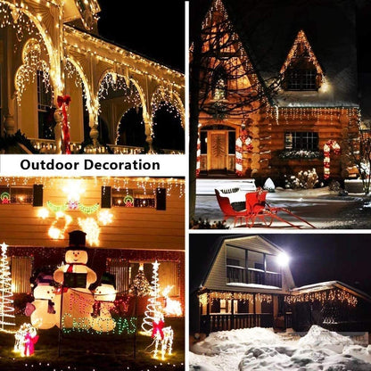 Outdoor Christmas decorations with warm white LED icicle lights on houses and festive snowman displays