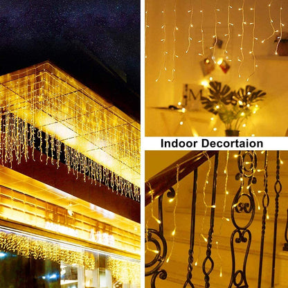 Warm white LED icicle string lights decorating outdoor building eaves and indoor staircase railing