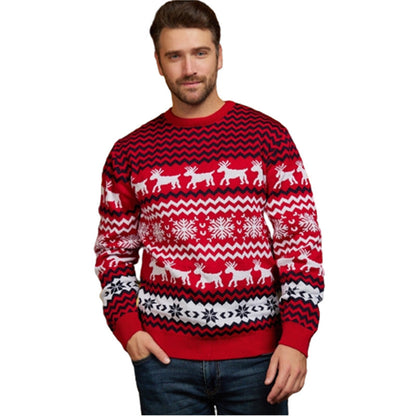 Man wearing red Christmas sweater with white reindeer and snowflake patterns