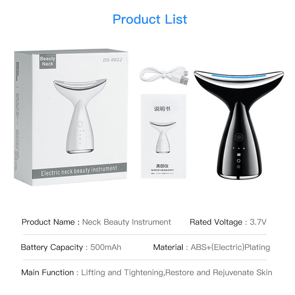 Black electric neck beauty instrument with USB cable, manual, and white product box