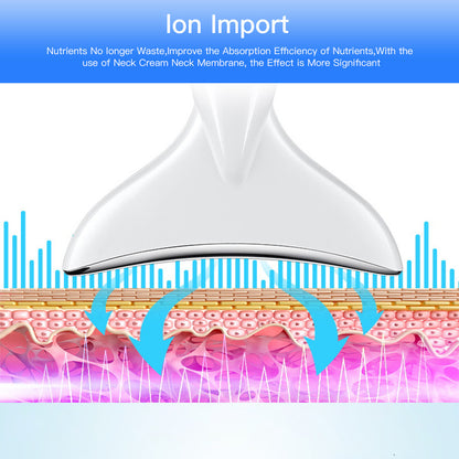 White EMS microcurrent neck device with LED therapy arrows showing nutrient absorption into skin layers